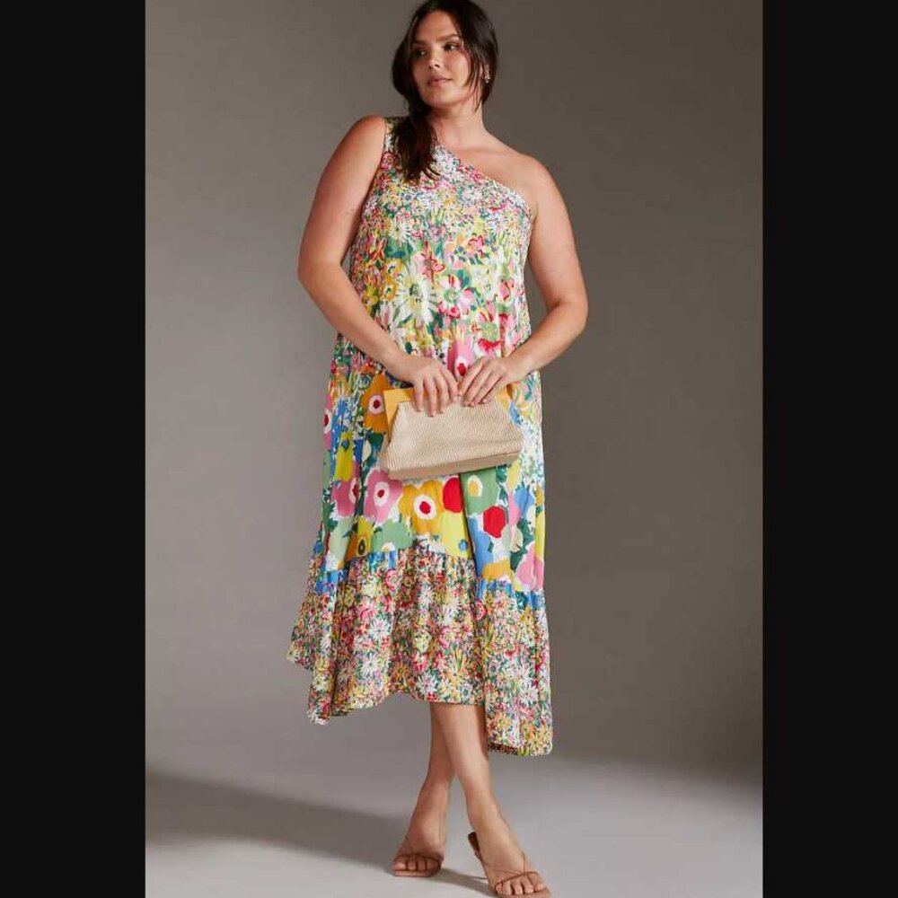 S Sarah Campbell for Anthropologie one shoulder floral midi dress 2 - Picture 2 of 10